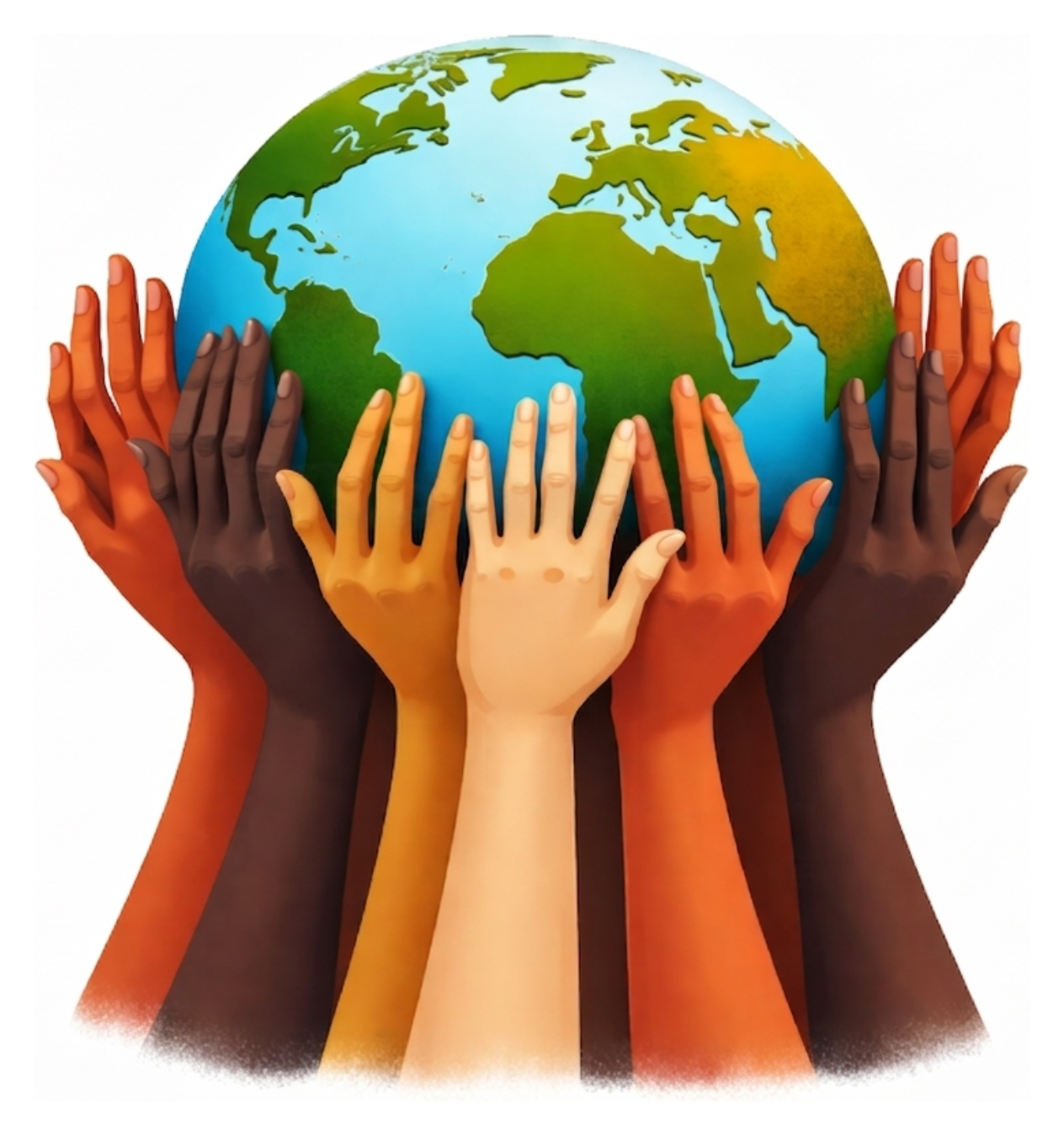Hands of different skin tones holding the globe, representing global partnership and care
